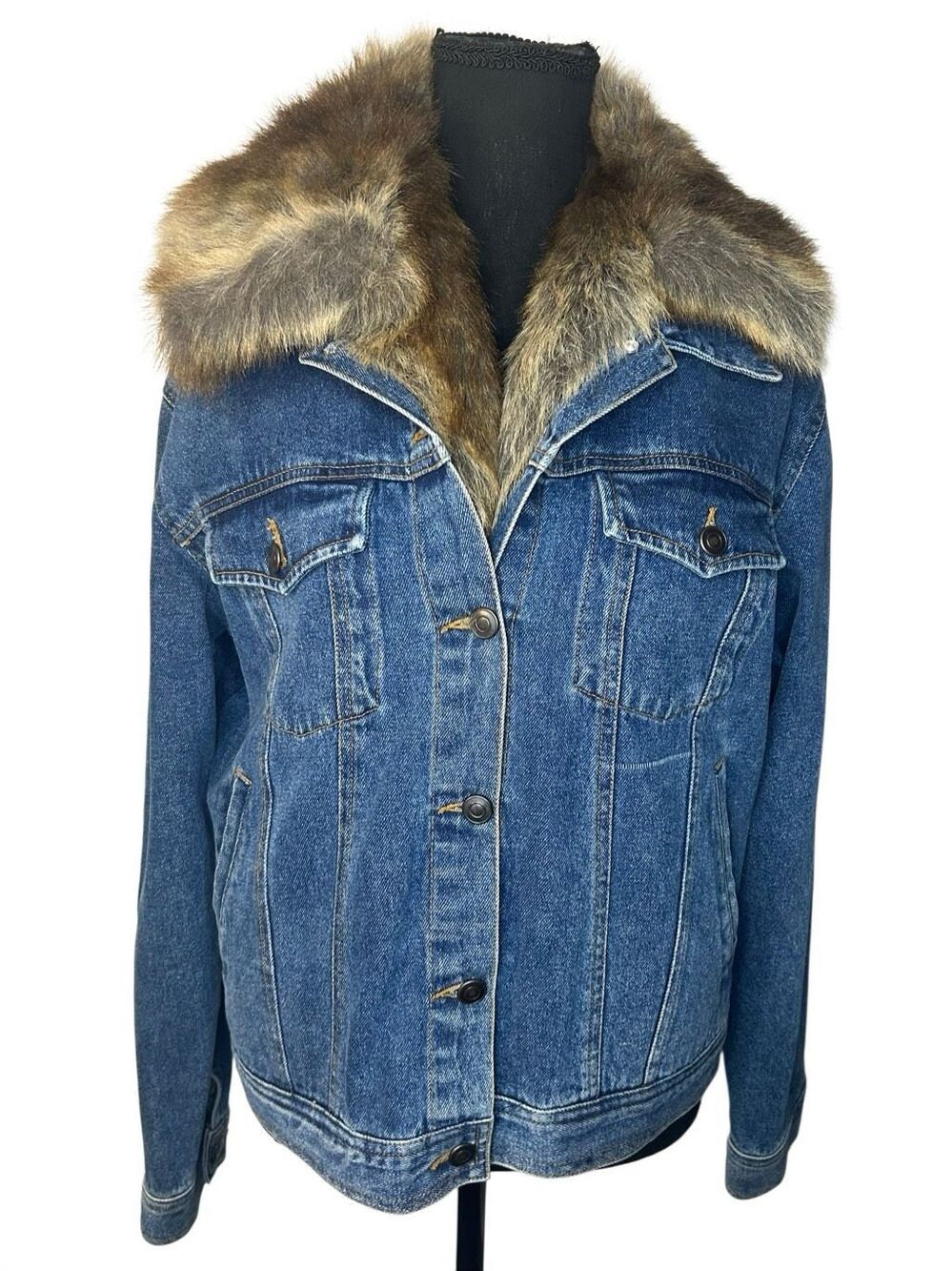 VTG Y2K Blue Denim Jean Trucker Jacket Plush Faux Fur Lined Penny Lane Women M